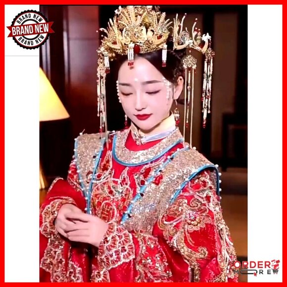 Traditional Chinese Wedding Tiara Headband with Earrings Gold Floral Beaded main image 7